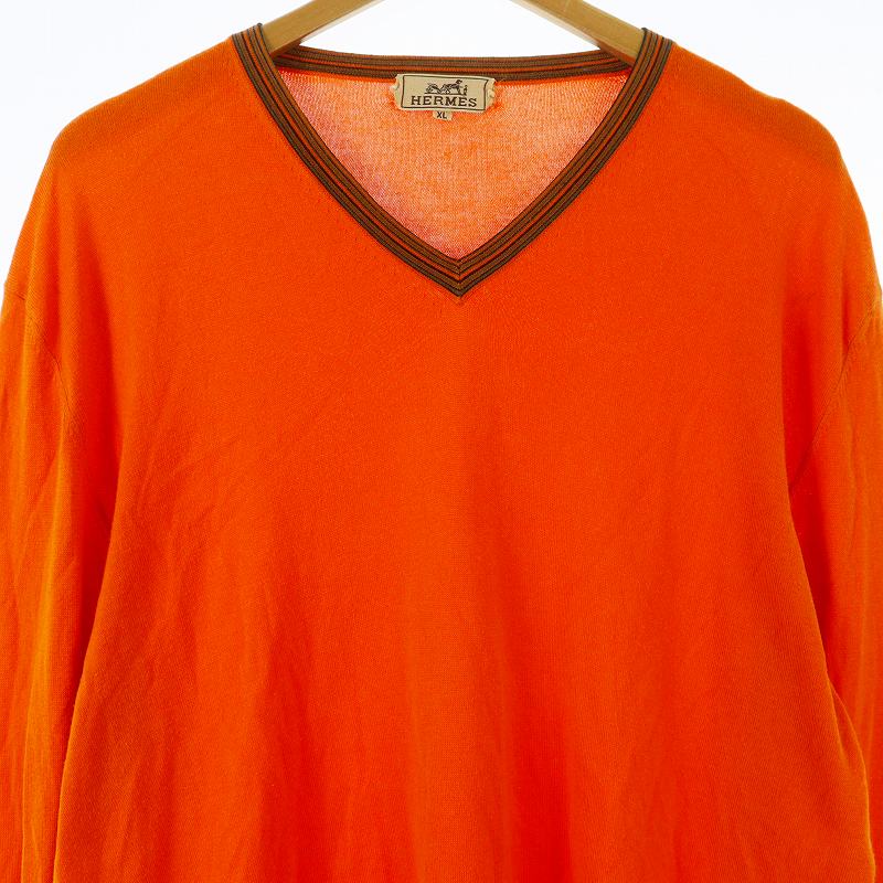 HERMÈS エルメスオレンジ Vネック リブニット