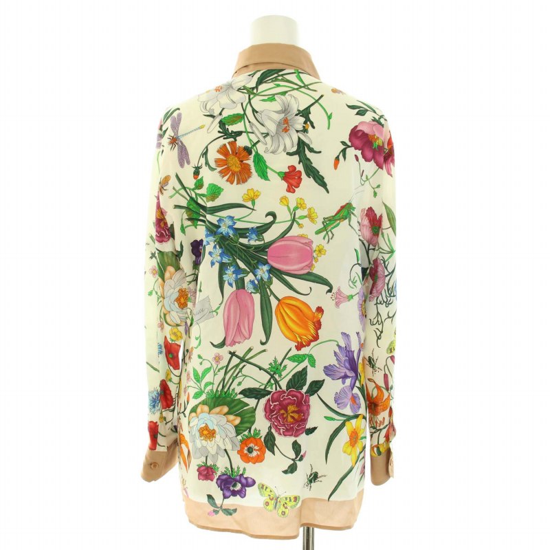 グッチ GUCCI フローラ シャツ ブラウス 長袖 比翼ボタン 花柄 絹 
