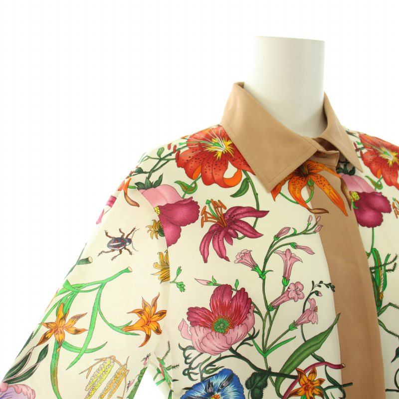 グッチ GUCCI フローラ シャツ ブラウス 長袖 比翼ボタン 花柄 絹 