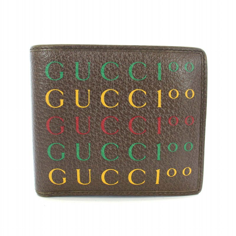 グッチ GUCCI 100周年記念 ロゴプリント 二つ折り財布 レザー 茶 