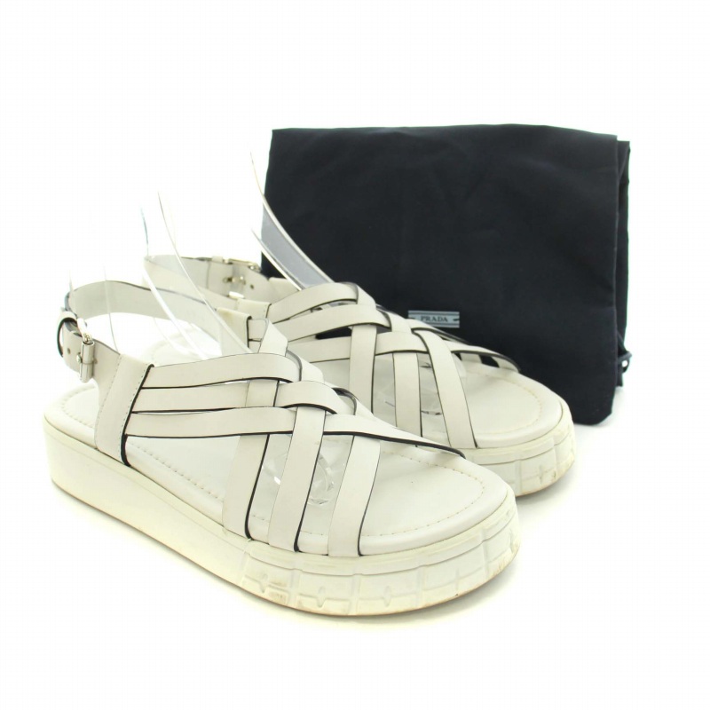 プラダ PRADA サンダル アンクル レザー メッシュ 厚底 37.5 24.5cm 白 