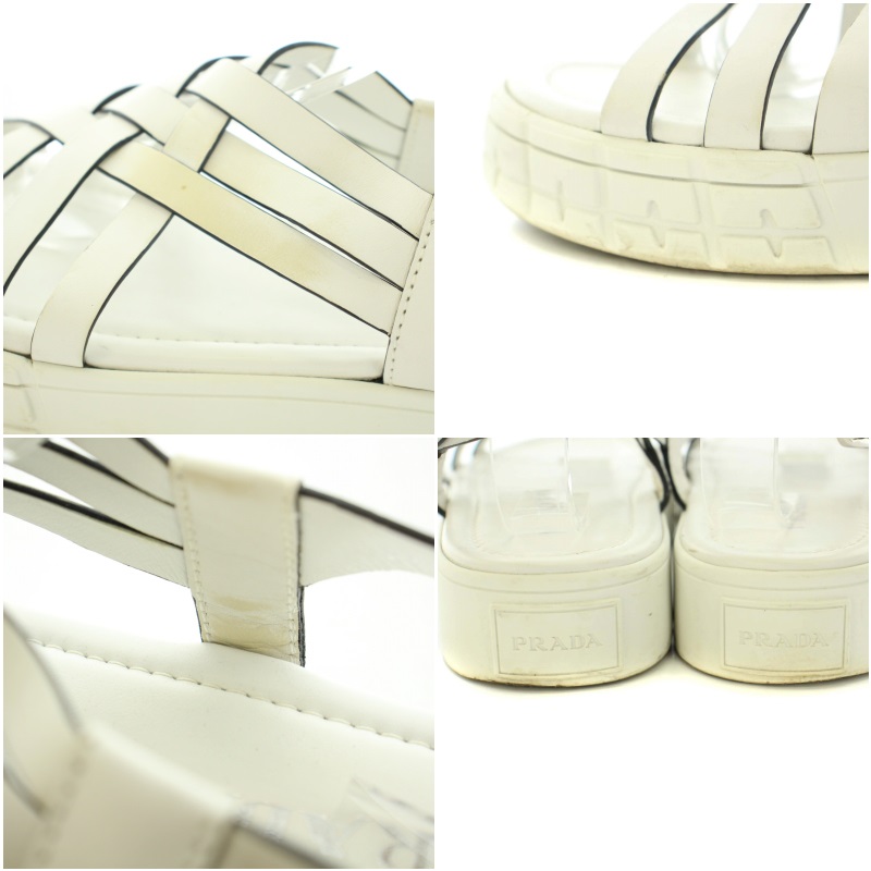 プラダ PRADA サンダル アンクル レザー メッシュ 厚底 37.5 24.5cm 白 