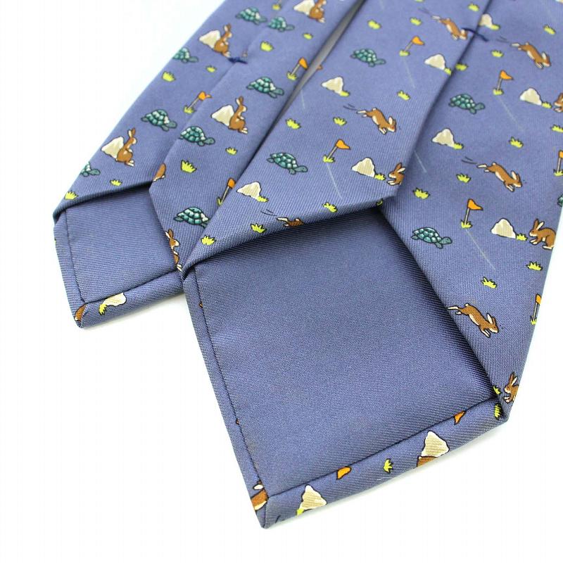エルメス HERMES ネクタイ ウサギ カメ 総柄 シルク 紺 ネイビー /TK 