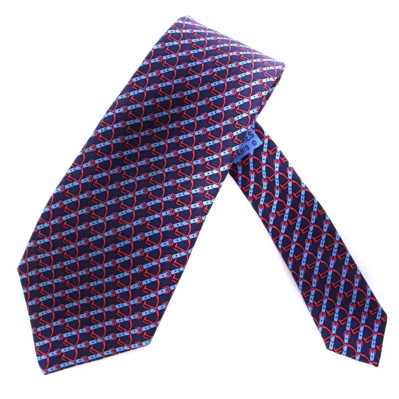 【月末セール中】美品　エルメス　ダークブルー シルク　ネクタイ総柄　フランス製 HERMES（エルメス） ネクタイ TIE メンズ フランス製 シルク H柄