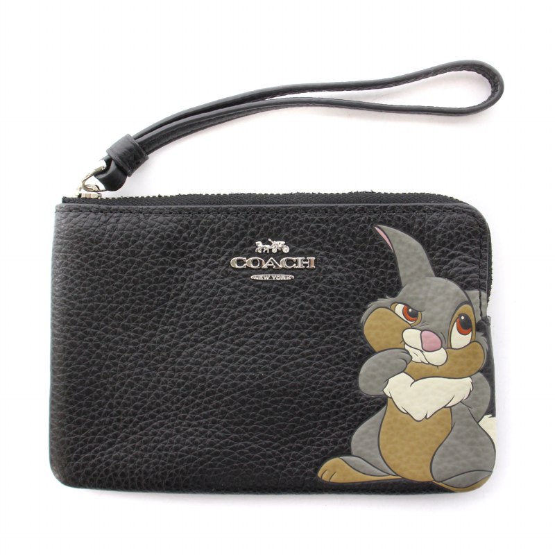 コーチ COACH NEWYORK ディズニー とんすけ ミニポーチ レザー ロゴ 黒 