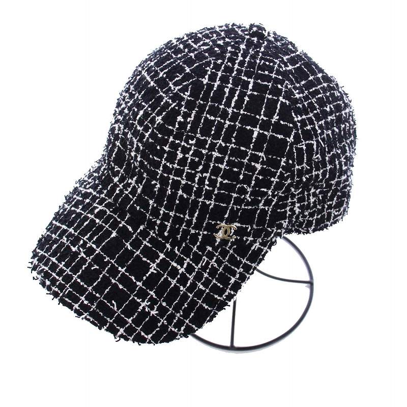 シャネル CHANEL 23AW ツイード ココマーク キャップ 帽子 チェック 黒 