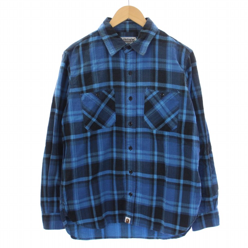 アベイシングエイプ A BATHING APE ネルシャツ 長袖 チェック柄 M 水色 