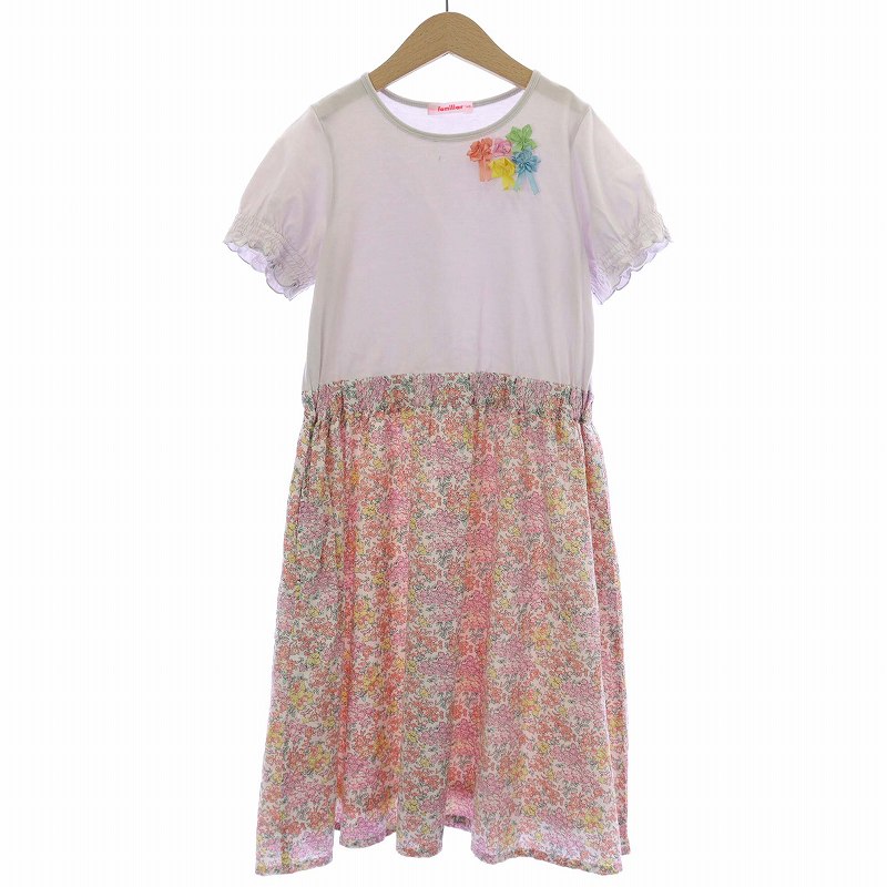 familiar キッズワンピース 140cm 花柄  春夏秋 ファミリア 白衿花柄ワンピース 140cm フォーマル 半袖ワンピース 発表