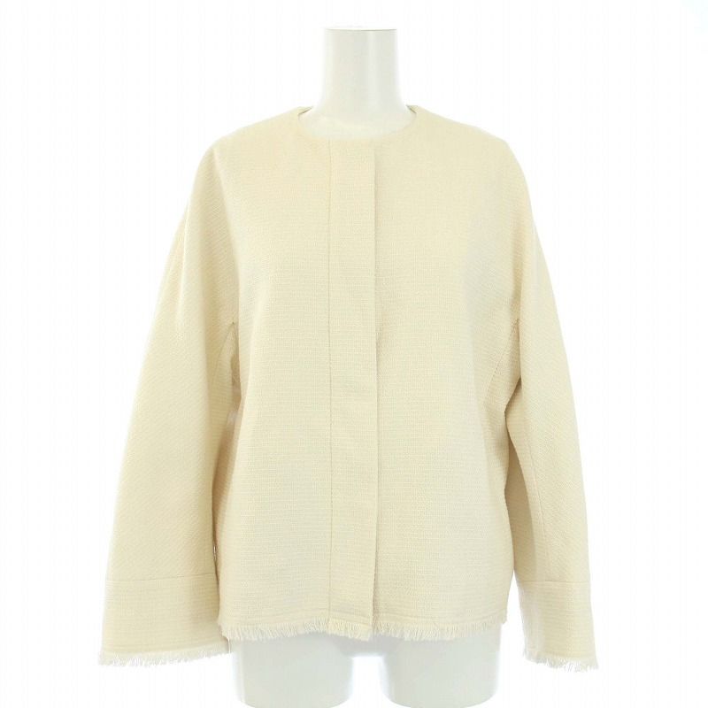 ebureエブール ツイード フリンジ ノーカラー アイボリー 36 卒業 入学 エブール ebure フリンジツイード ノーカラージャケット 36 S 白