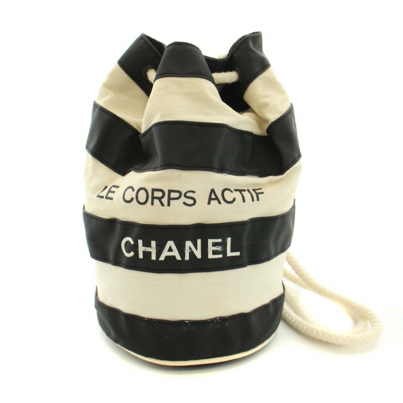 シャネル CHANEL ノベルティ 巾着 キャンバス レザー 切替 ロゴ