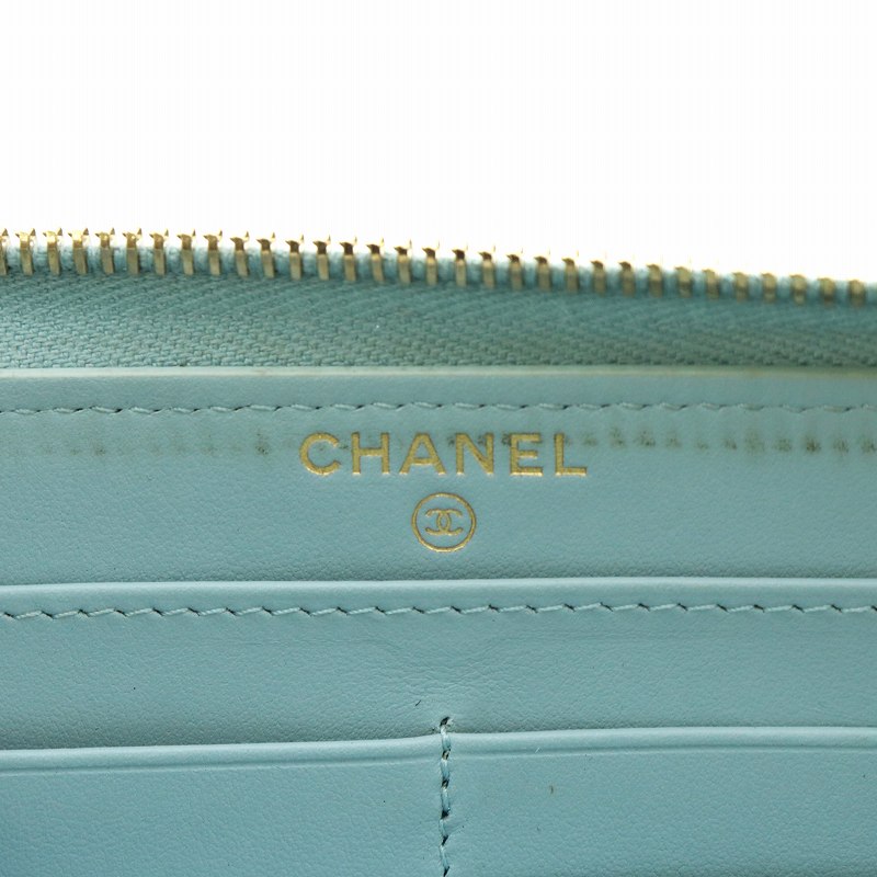 シャネル CHANEL 財布 長財布 レザー ライトブルー ココボタン
