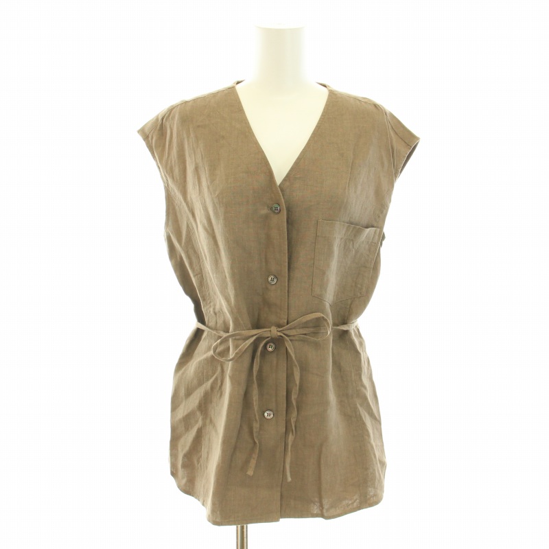 カーサフライン カラーレスベスト ジレ 前開き リボンベルト 麻 リネン F 茶 ベスト ジレ 春 夏 前開き レディース トップス フォーマル