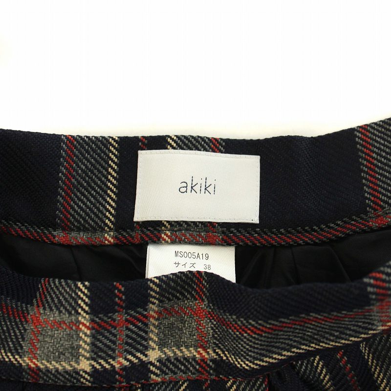akiki フレアスカート ミモレ ロング チェック柄 38 M 紺 ネイビー  
