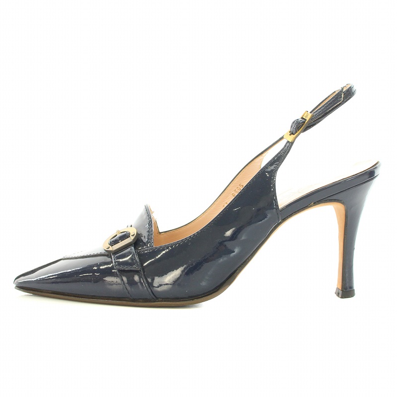 カネマツ エナメル ブラック ポインテッドトゥ ハイヒール プラチナ