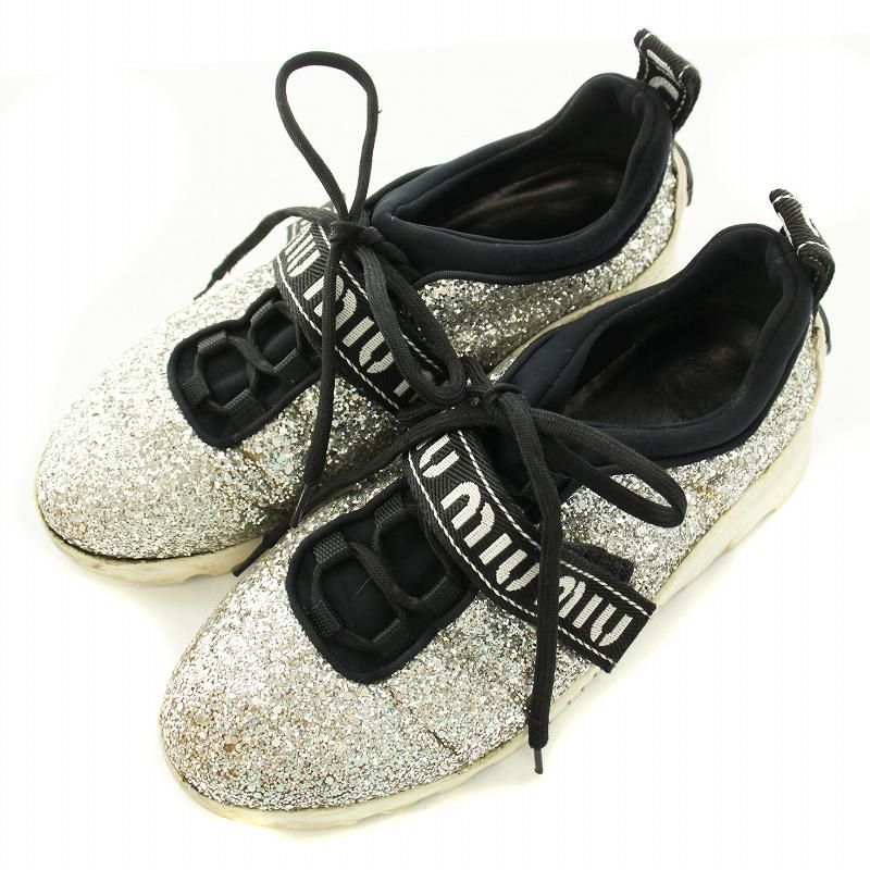 miu miu】グリッター ラメ サンダル シルバー 24cm 厚底 37 miu miu