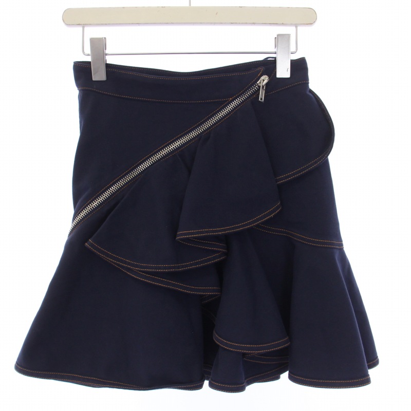 ジバンシィ GIVENCHY ジップ フリル フレアスカート ひざ丈 36 S 紺  