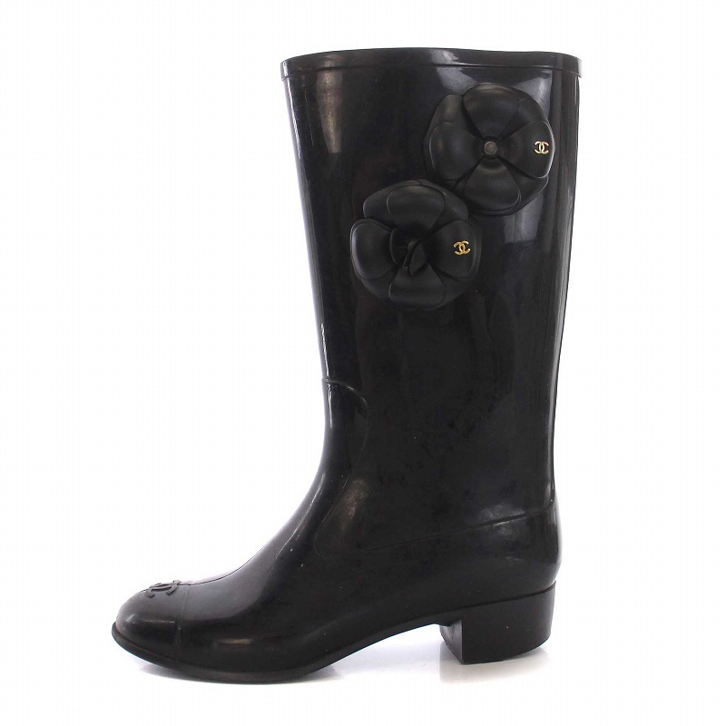 シャネル CHANEL 長靴 ロング レインブーツ ココマーク カメリア 39