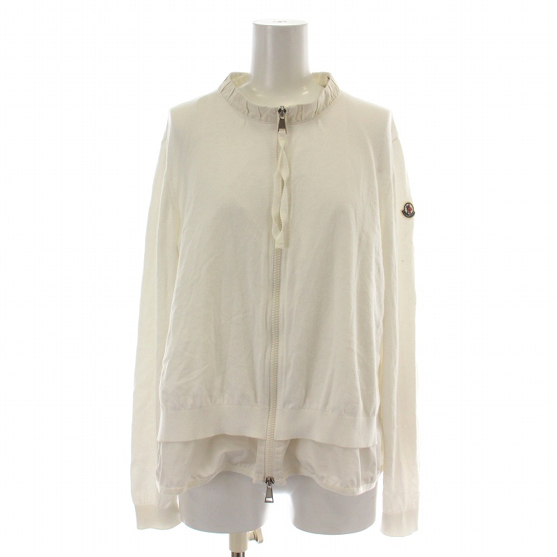 【極美品】MONCLER カーディガン フリル マグリア ロゴ ホワイト M MONCLER (モンクレール) ダブルジップ フリル ニットカーディガン
