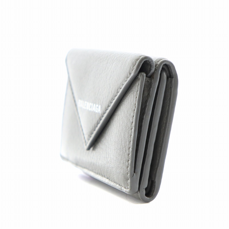 バレンシアガ ペーパーミニウォレット 三つ折り財布レザー グレー