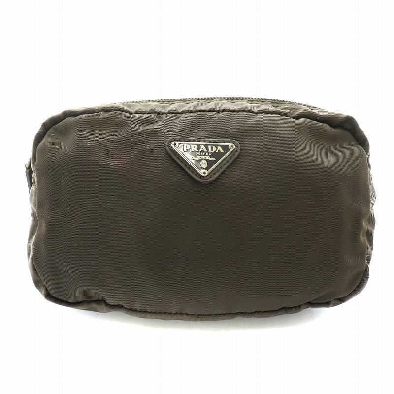 美品　PRADA ポーチ　ナイロン　三角ロゴ　ブラウン　茶色 PRADA プラダ ポーチ 三角ロゴ ナイロンx金属素材 ボルドーx