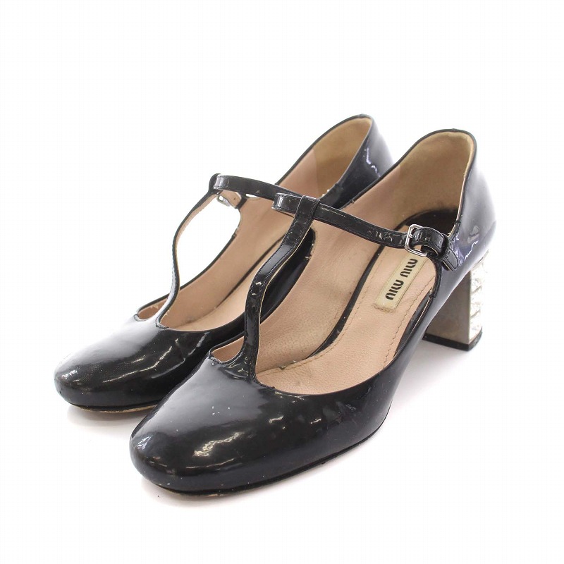 miumiumiu エナメル ブラック ハイヒール・パンプス ストラップ付き