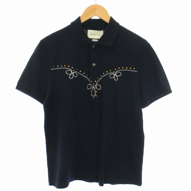グッチ GUCCI ポロシャツ 半袖 刺繍 スタッズ M 紺 ネイビー 黒 グッチ GUCCI ポロシャツ 半袖 刺繍 スタッズ M 紺 ネイビー 黒