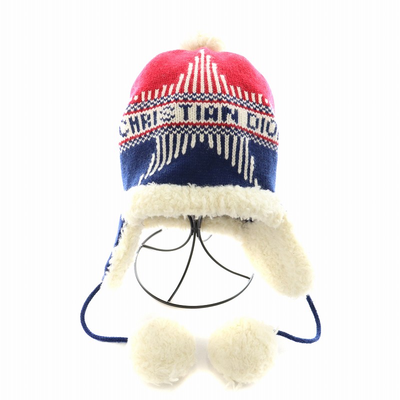 DIOR ディオールニット帽ボンボン付きカシミヤウールロゴ入りピンク