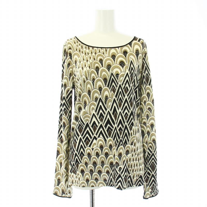 レオナール LEONARD PARIS カットソー Tシャツ 長袖 総柄 ストレッチ 38 M ベージュ 茶 ブラウン 黒 ブラック 0425427 /KU レディース レオナール LEONARD PARIS カットソー Tシャツ 長袖 総柄
