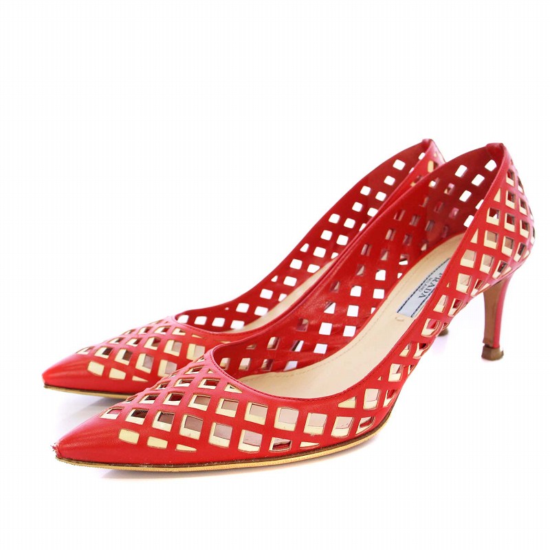 プラダ PRADA パンプス メッシュ ポインテッドトゥ ピンヒール レザー 