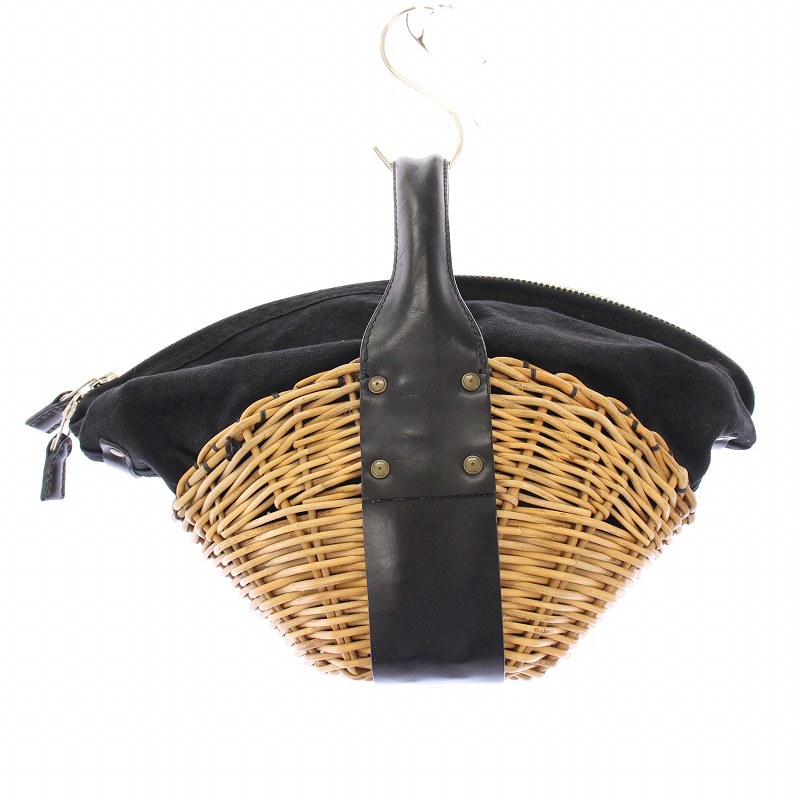 美品★eb.a.gos エバゴス　トートバスケットレザーハンドル　黒　カゴバッグ ebagos トートバスケット レザーハンドル ブライドルレザー×紅籐