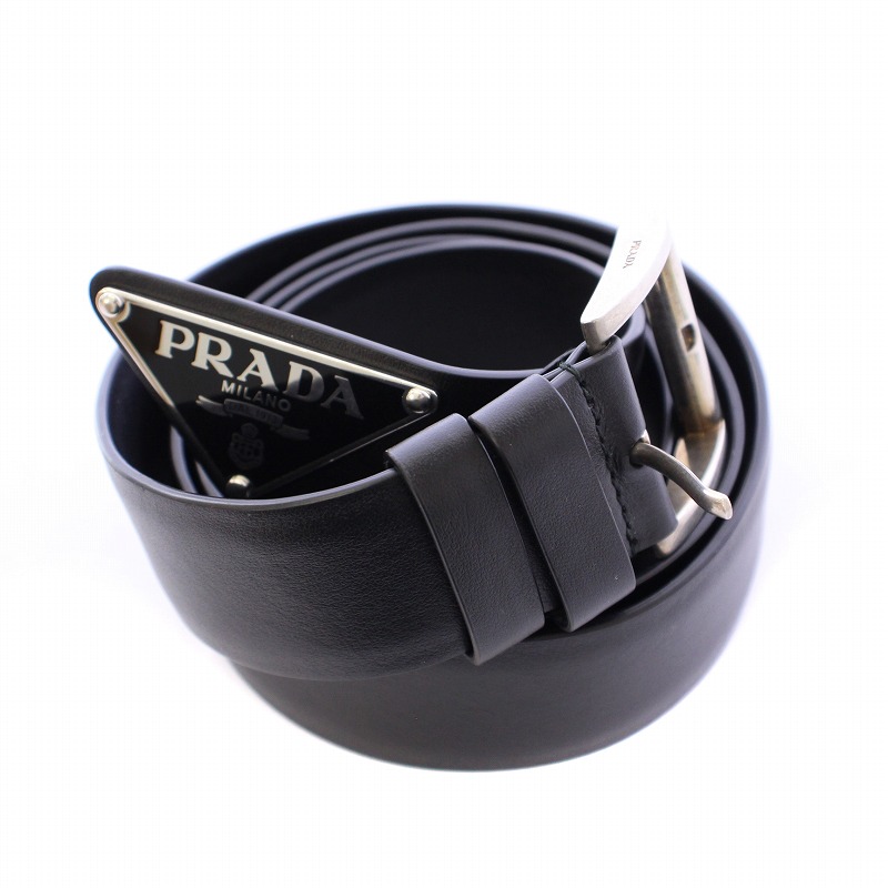 プラダ　ブランド　ブラック　ベルト　小物　レザー　プレート　レディース　お洒落 プラダ PRADA レザーベルト 三角プレート ロゴ 黒 ブラック /BB