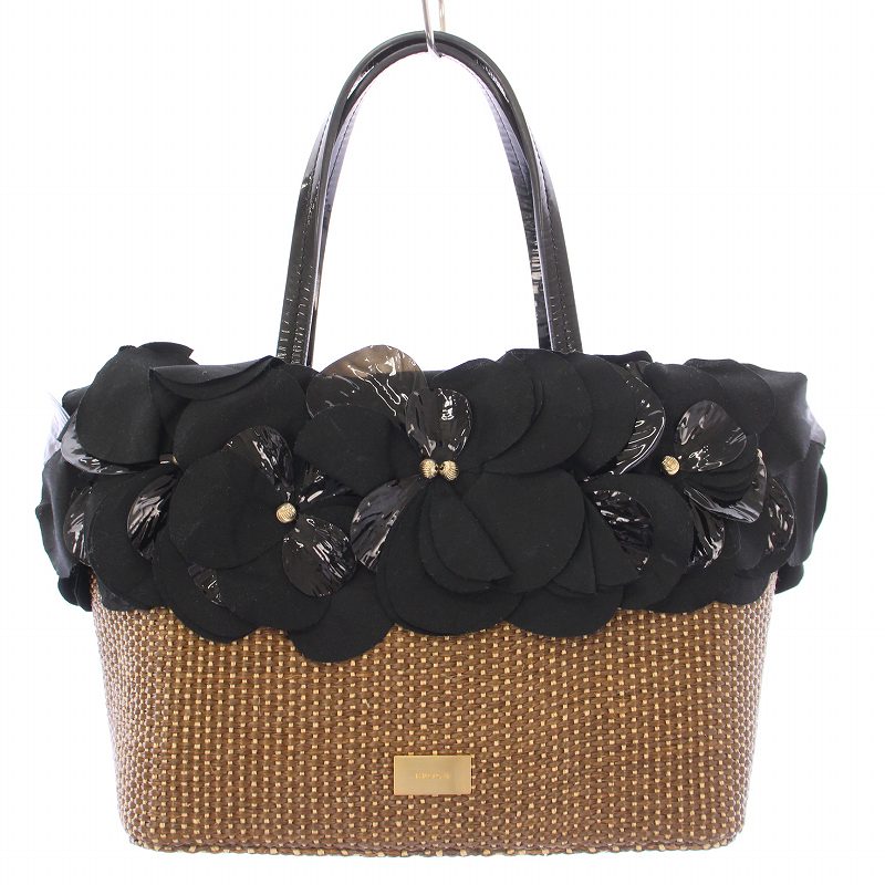 【中古】エポカ EPOCA かごバッグ カゴバッグ ハンドバッグ 編み込み 花柄 コサージュ 装飾 バイカラー 茶 黒 エポカ EPOCA かごバッグ カゴバッグ ハンドバッグ 編み込み 花柄