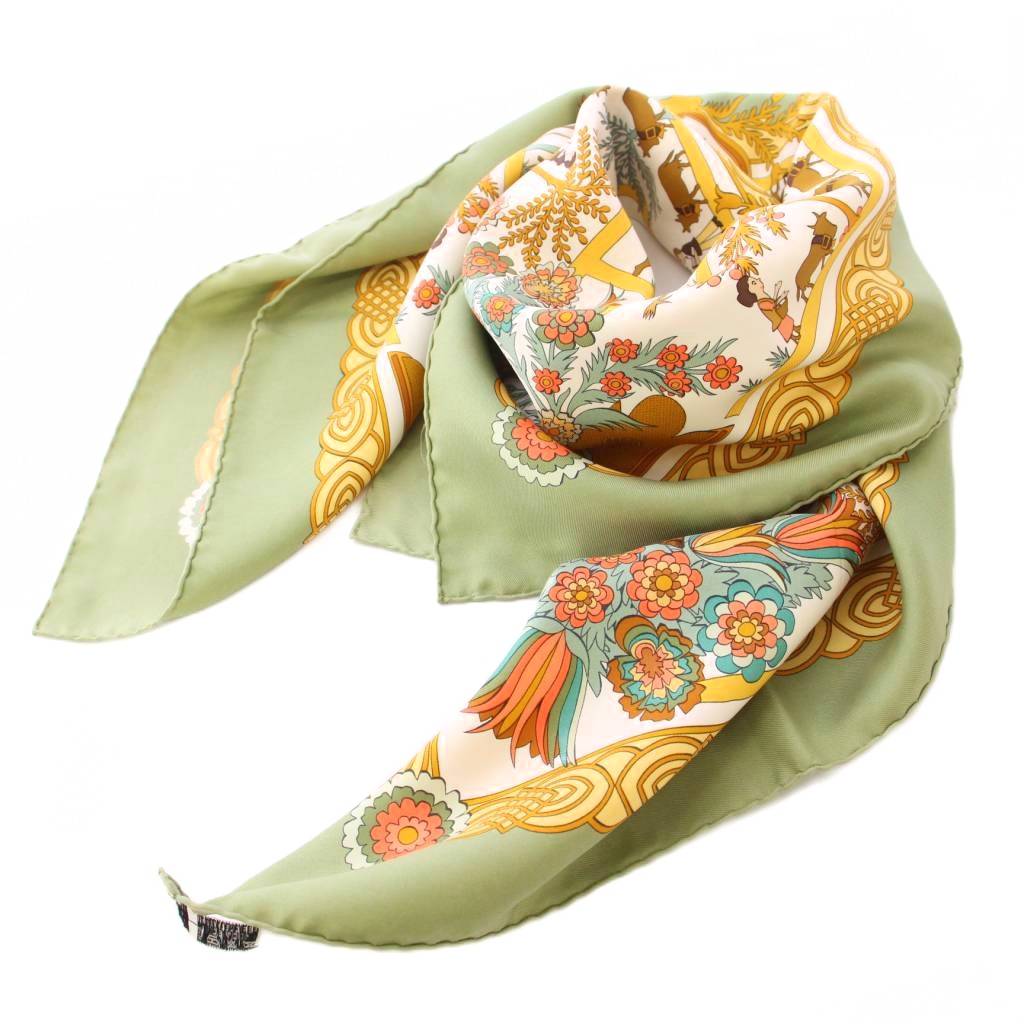 HERMES◆スカーフ/シルク/YLW/総柄/レディース/シミ有