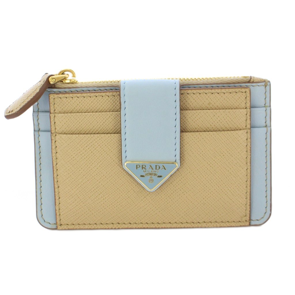 プラダ PRADA カードケース カード入れ 小銭入れ コインケース コンパクト 三角ロゴ レザー バイカラー ベージュ 水色 ライトブルー  1MC038 /BB ■OH レディース
