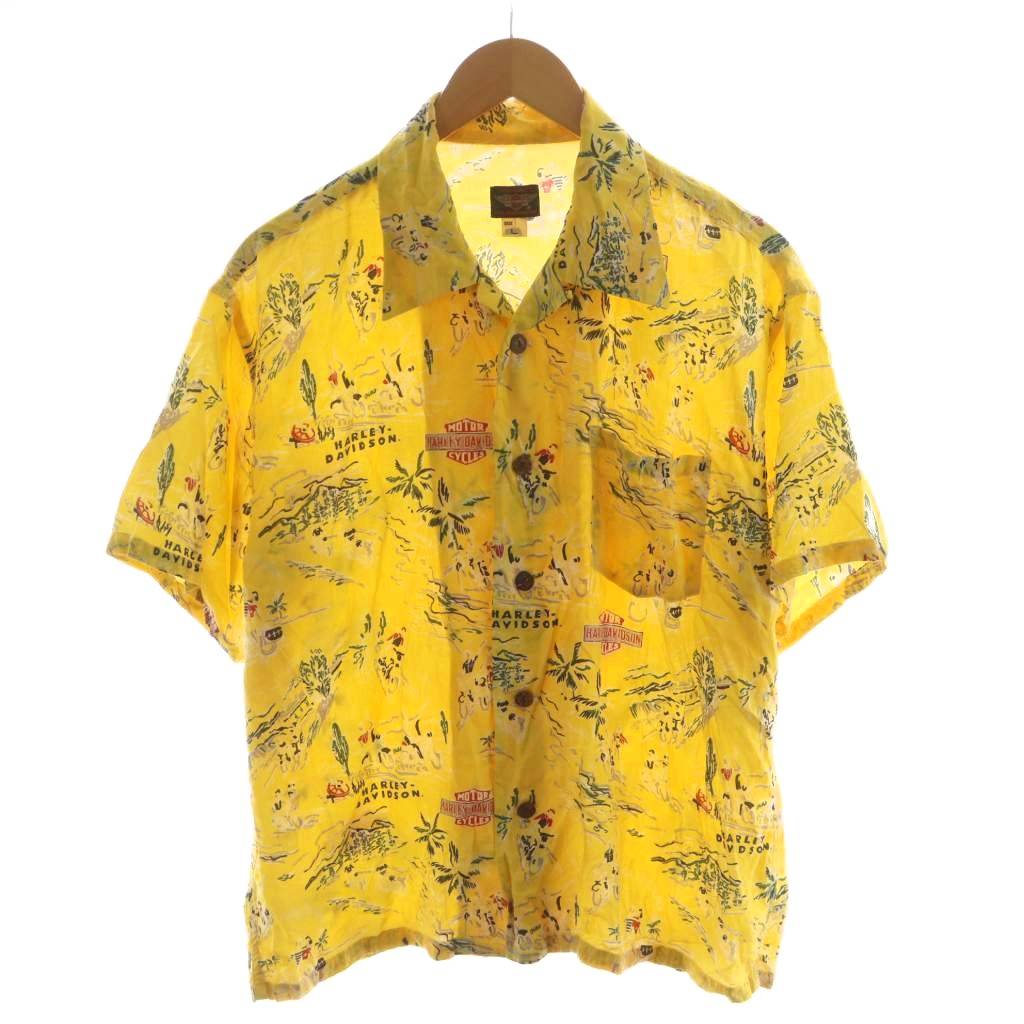 ハーレーダビッドソン HARLEY DAVIDSON アロハシャツ 半袖 総柄 L 黄