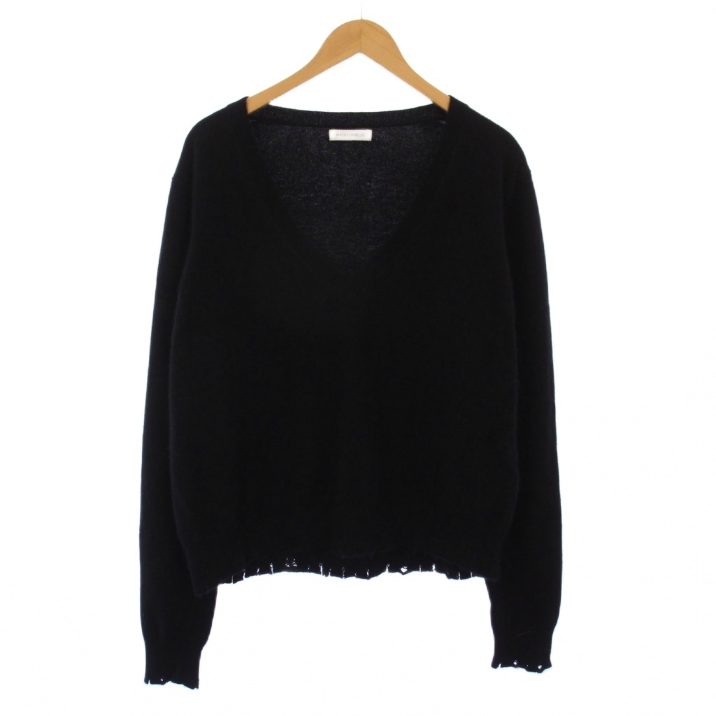 【中古】マディソンブルー ラクーンファーVネックニット セーター 長袖 薄手 ワンカラー ウール混 ダメージ加工 黒 マディソンブルー MADISONBLUE ラクーンファーVネックニット セーター
