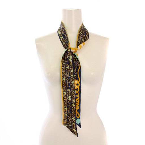 【中古】フェンディ FENDI ラッピー スカーフ ハート柄 ストライプ柄 ロゴ 総柄 紺 ネイビー 黄色 イエロー フェンディ FENDI ラッピー スカーフ ハート柄 ストライプ柄 ロゴ 総柄