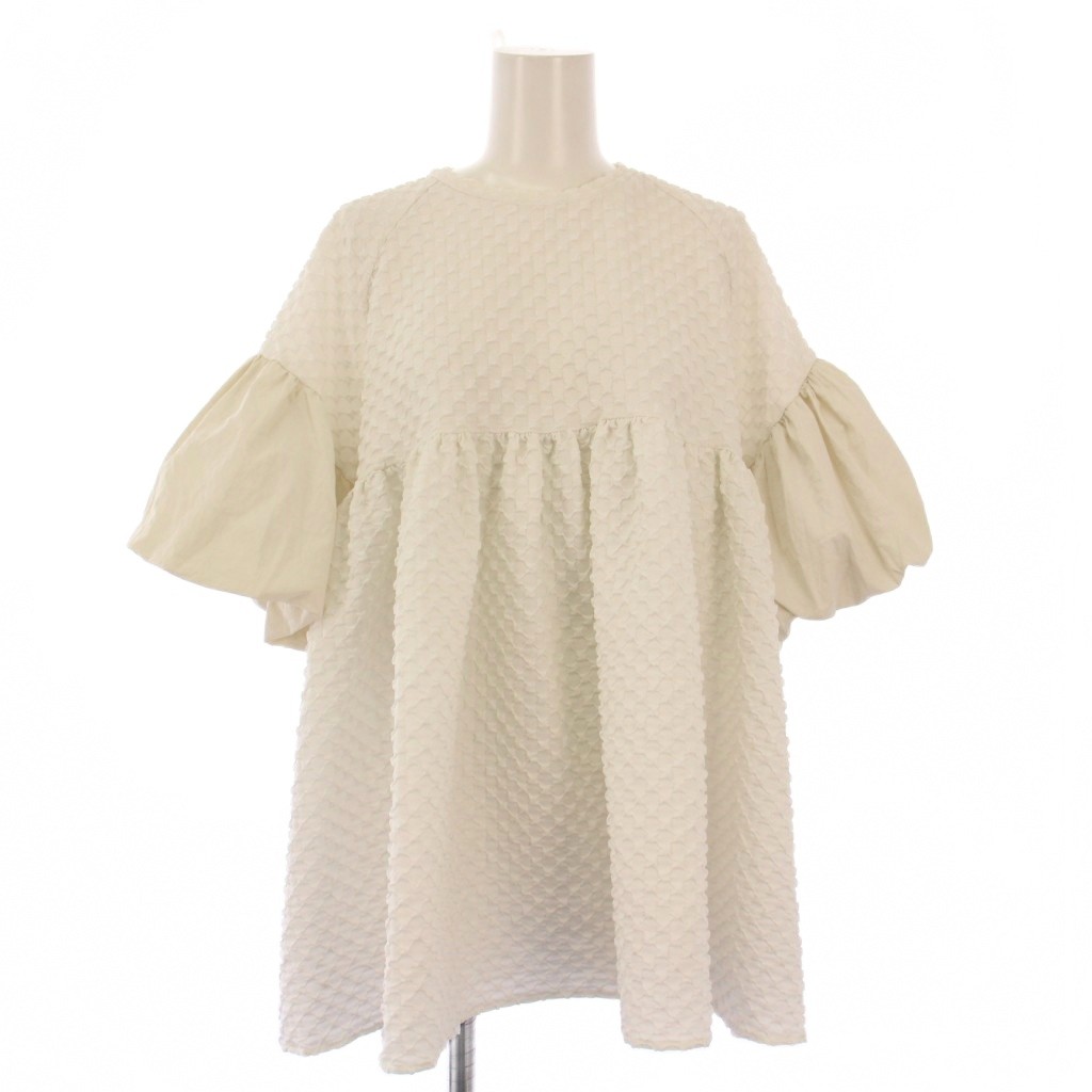 【中古】スリースクエア ポコポコジャガードブラウス シャツ プルオーバー 半袖 クルーネック フレア 切替 F 白 スリースクエア THREE SQUARE ポコポコジャガードブラウス シャツ プル