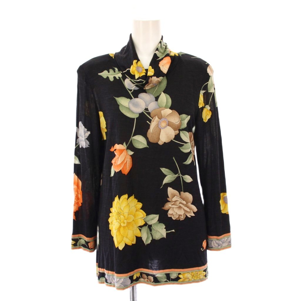 レオナール LEONARD シャツ カットソー シルク 長袖 タック 花柄 ネイビー ブルー ホワイト 11AR LEONARD レオナール 花柄 ハイネック ブラウス 長袖 カットソー シルク