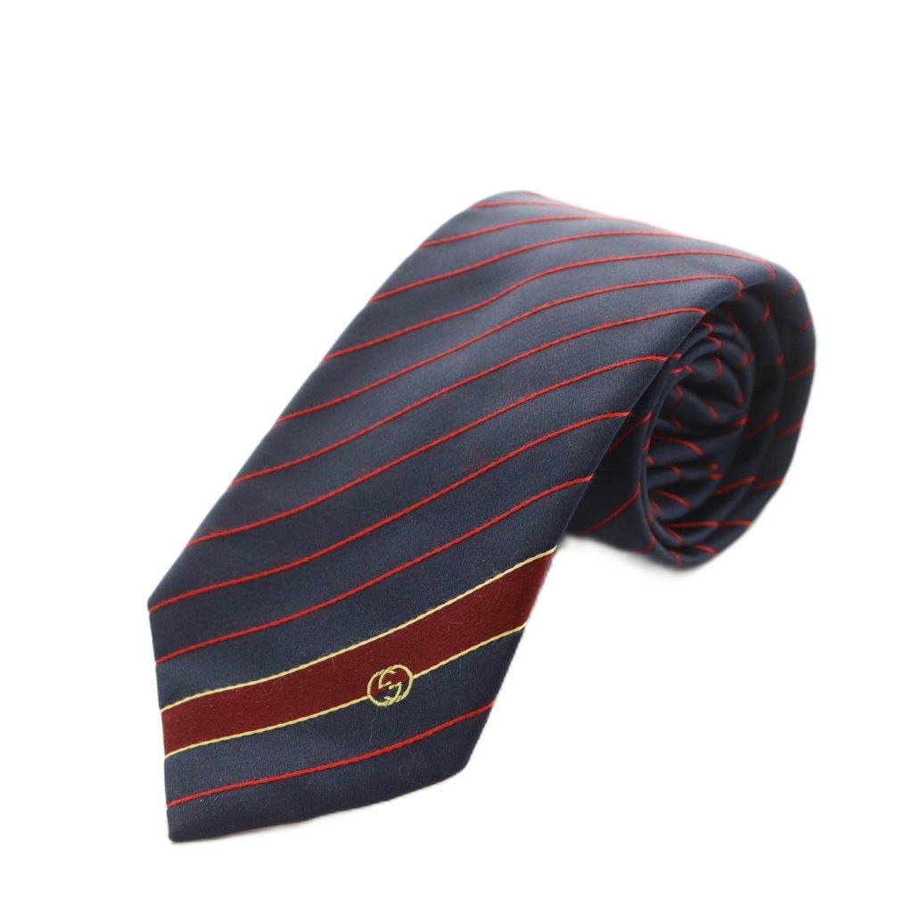 美品 グッチ ネクタイ シルク GG柄 レジメンタルストライプ ロゴ ネイビー グッチ GUCCI ネクタイ レジメンタルストライプ シルク ネクタイ