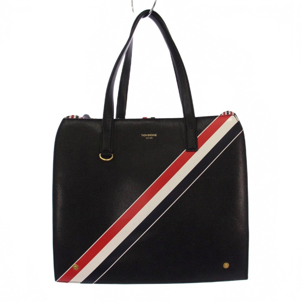 【中古】トムブラウン THOM BROWNE ペブルド ソフト トム トートバッグ ハンドバッグ レザー トリコロール 黒 /KH トムブラウン THOM BROWNE ペブルド ソフト トム トートバッグ
