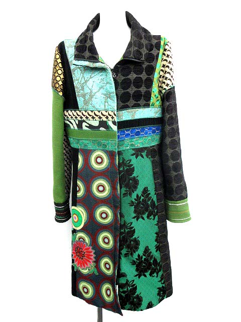 デシグアル Desigual コート ロング パッチワーク 総柄 黒 緑 44  