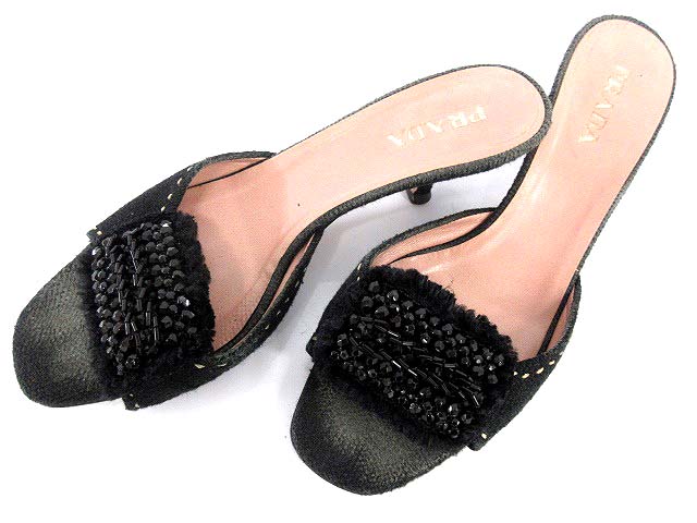 プラダ PRADA ミュール ビーズ サンダル ツイード 38.5 黒 /☆G 