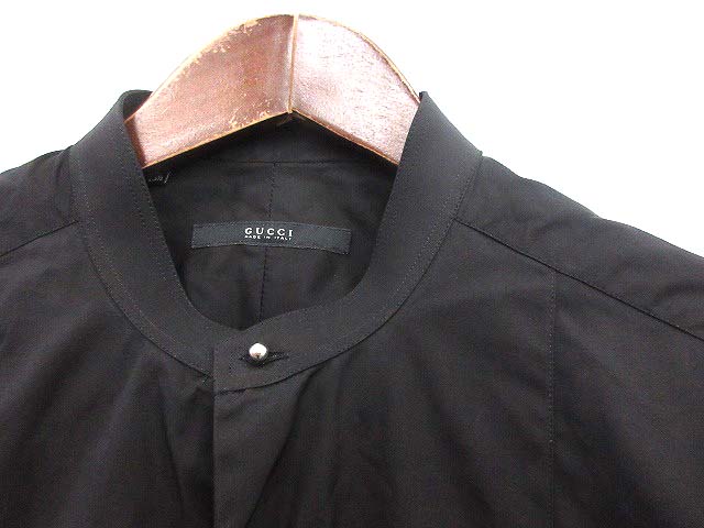 グッチ GUCCI シャツ 長袖 バンドカラー スタンド 無地 39 黒 /☆G 