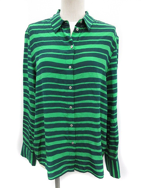 マリメッコ marimekko シャツ 長袖 ボーダー シルク 38 緑 グリーン 