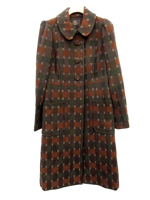 トッカ Tocca ロングコート チェック ウール 丸襟 1 茶 カーキ G レディース 081 ベクトルパーク