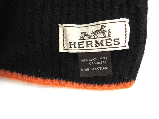 エルメス HERMES マフラー カシミヤ100％ ニット 黒 オレンジ /☆G