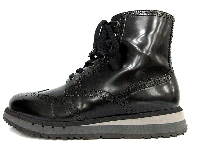 BOTTEGA VENETA ガラスレザー ウィングチップ ブーツ 黒 42.5 プラダスポーツ PRADA SPORT ウイングチップ ブーツ ガラス