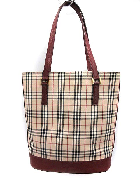 バーバリー BURBERRY トートバッグ ショルダー ノバチェック ナイロン ベージュ ボルドー /KH ●D レディース