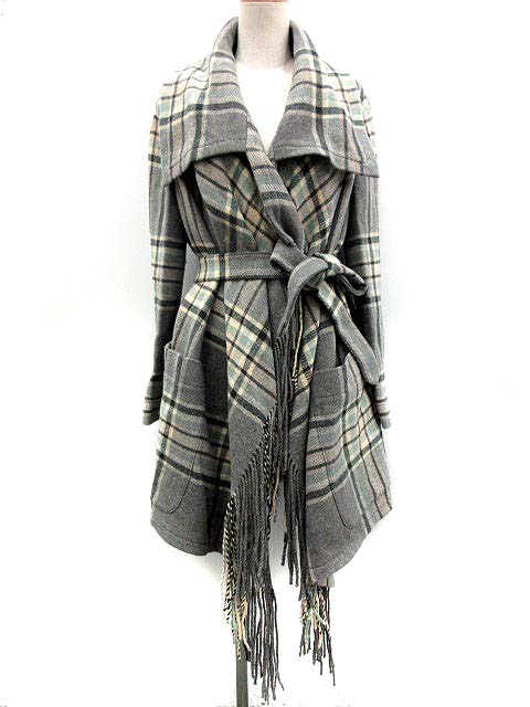 クロエ CHLOE チェック ブランケットコート フリンジ 36 グレー  